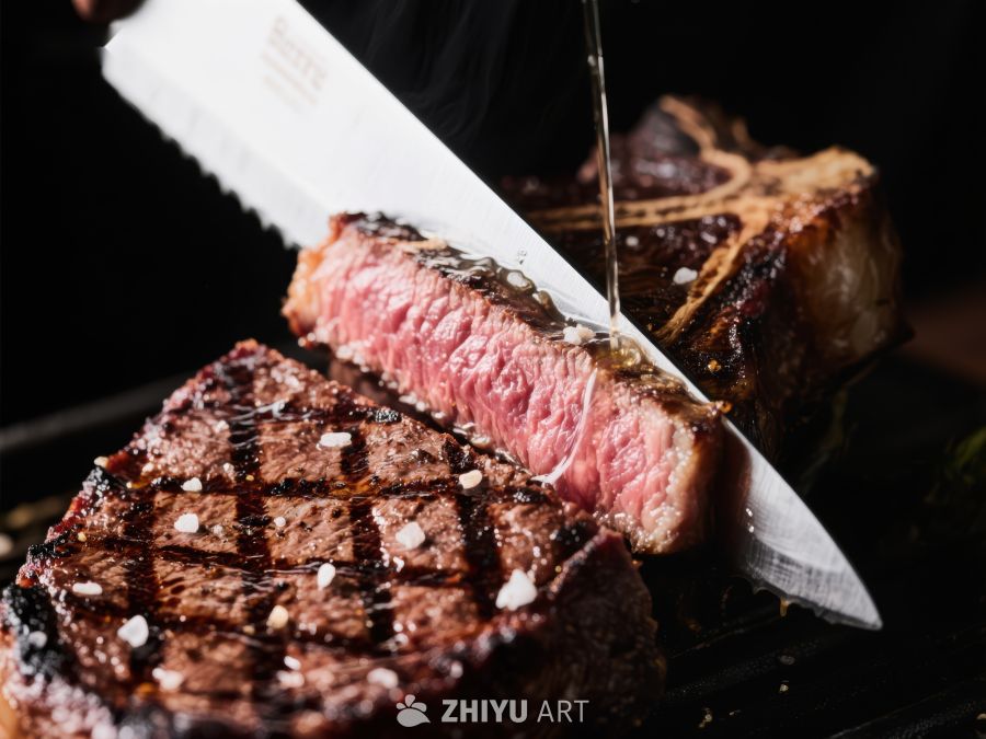 刀切多汁烤肉，展示完美熟度 170