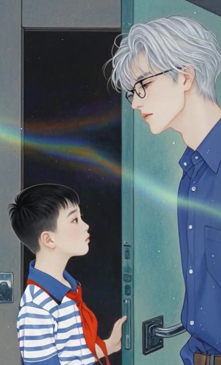 一个小男孩和一个男人面对面站着。小男孩穿着蓝白条纹