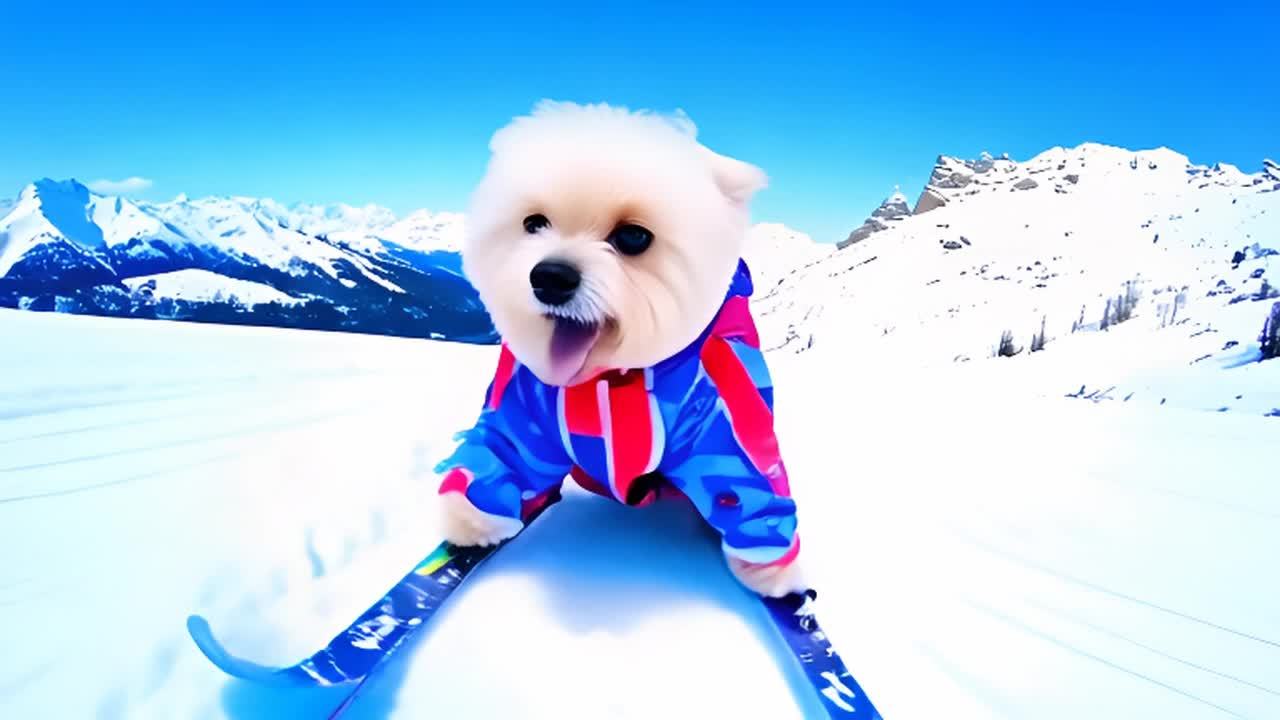 一只马尔济斯犬穿着滑雪服，后腿穿着滑雪板，前爪拿着