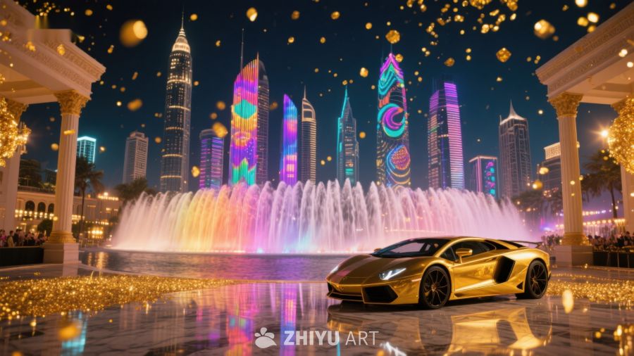 夜景喷泉与豪华跑车 868