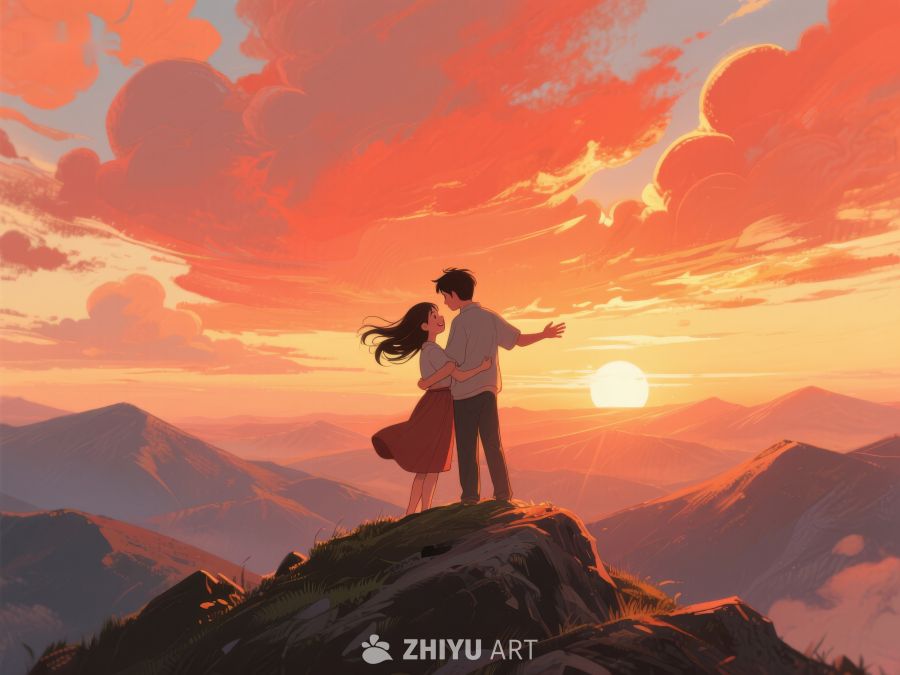 山顶情侣共赏夕阳美景 631
