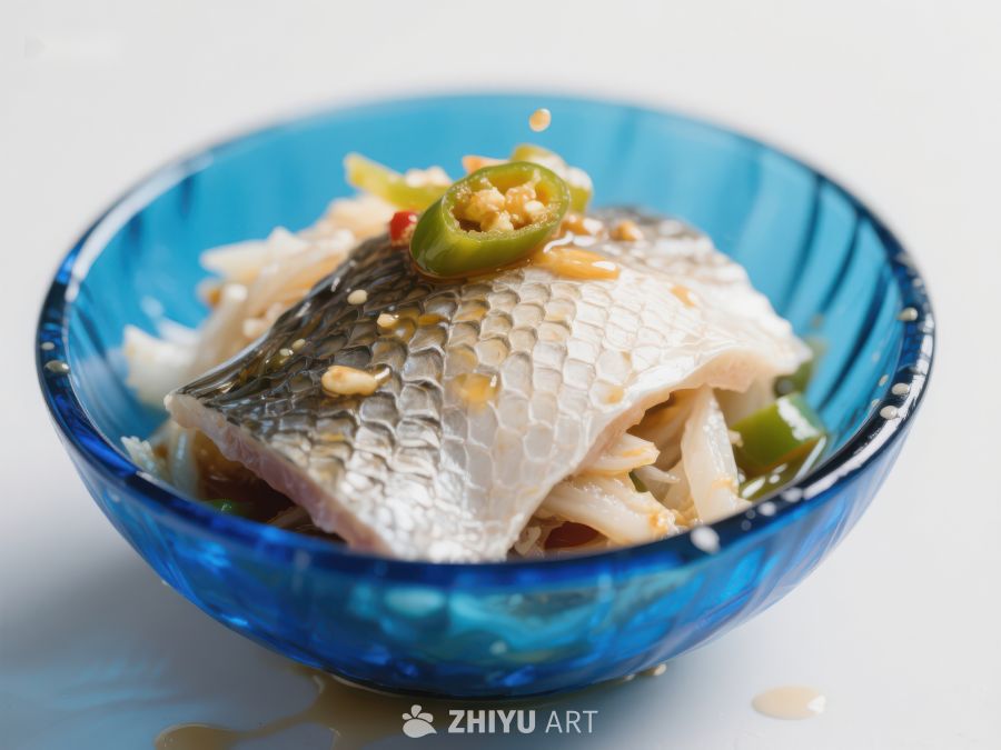 蓝碗中的腌制鱼片 776