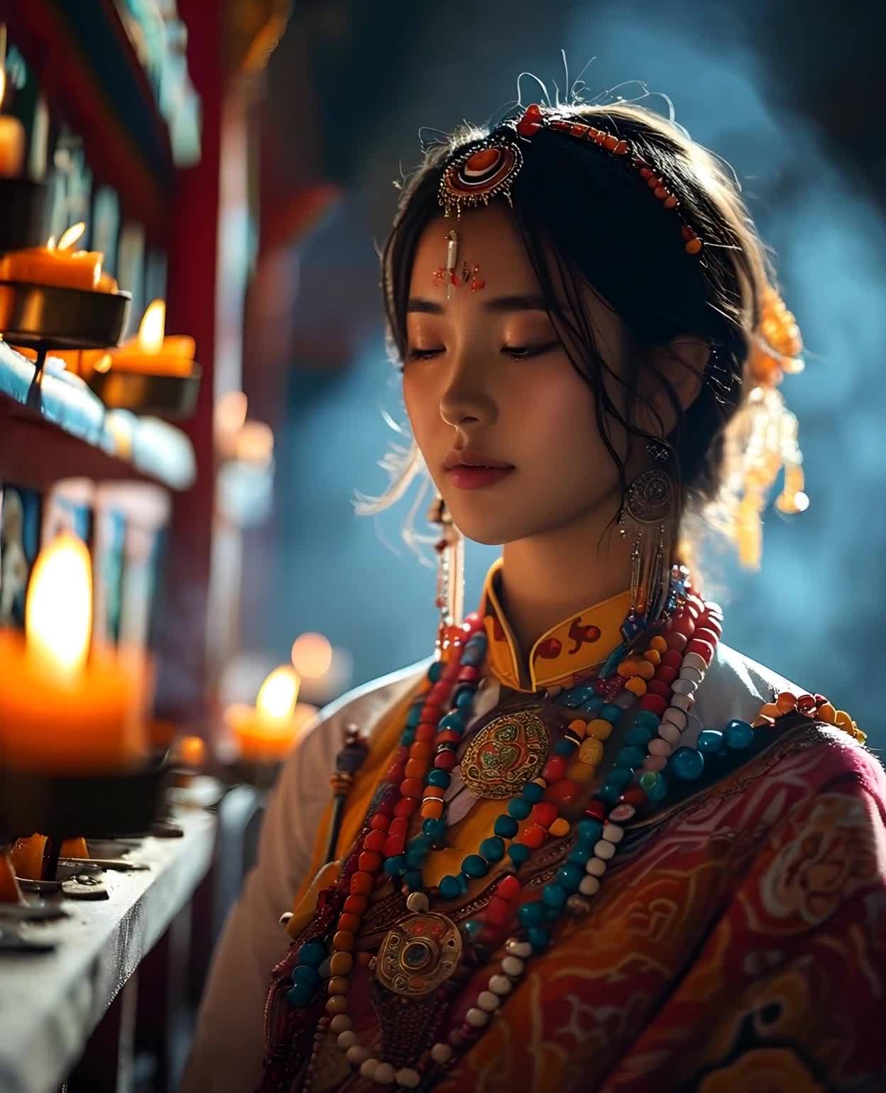 藏族少女烛光祈祷，华丽服饰与彩色项链特写