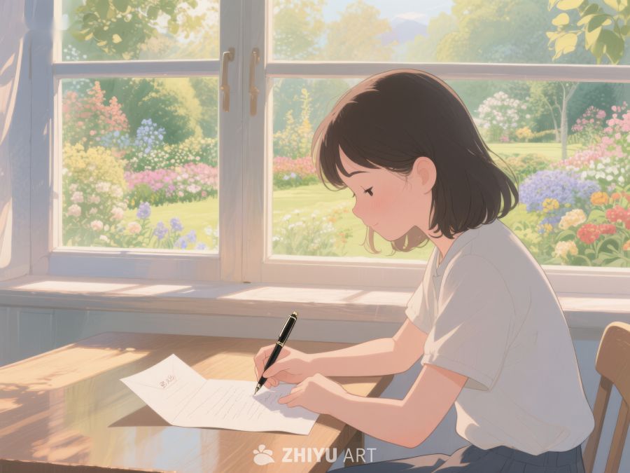 窗边少女专注书写 49