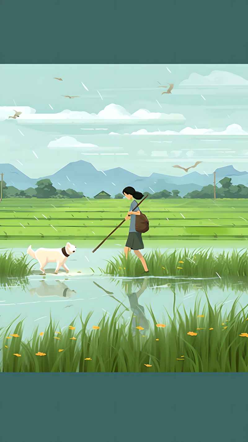 女人站在稻田与狗绿色插画 8