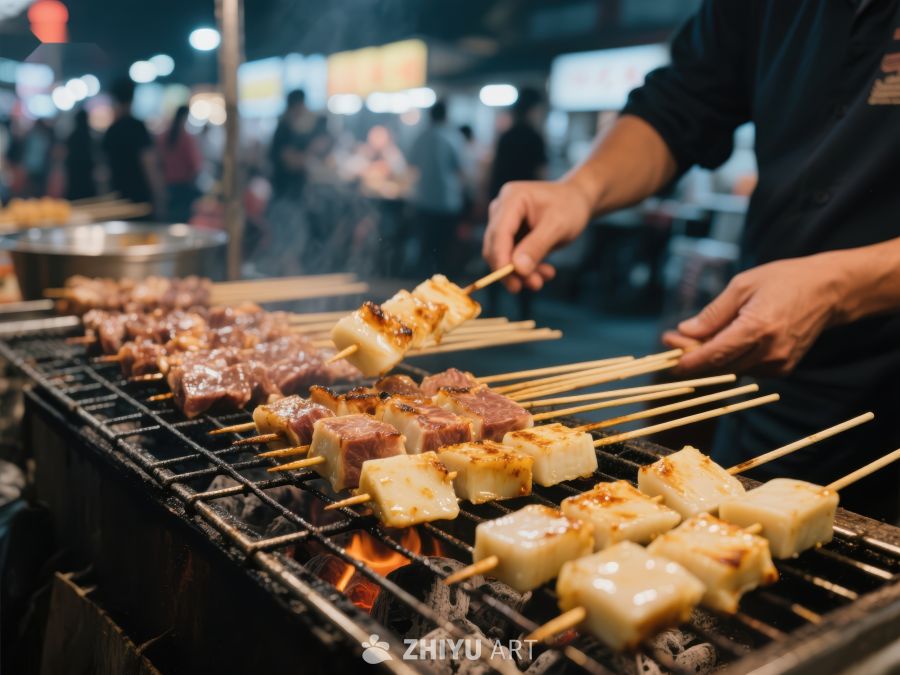 夜市烧烤摊上的美味串烧
