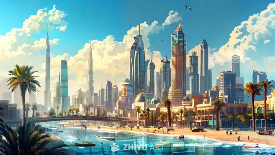 画面中呈现了沙特阿拉伯城市吉达的未来主义城市景观插