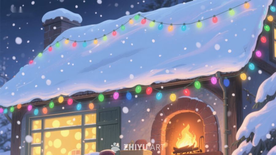 雪夜温馨小屋，彩灯闪烁 435