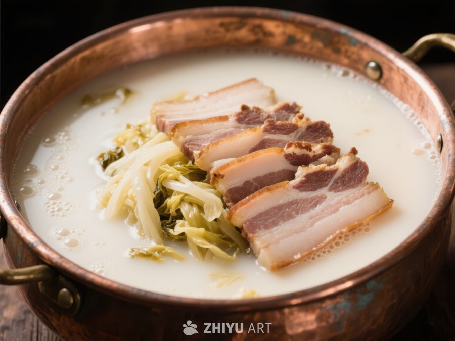 铜锅炖煮的肉片与白菜 716