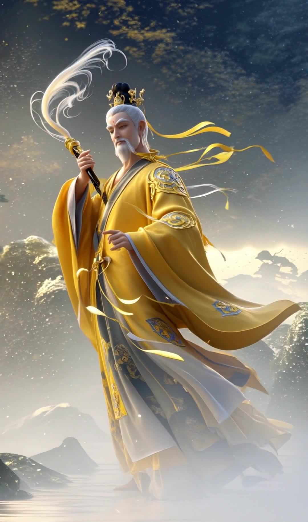 一个身穿黄色长袍的白发男子站在云雾缭绕的山峰前。他