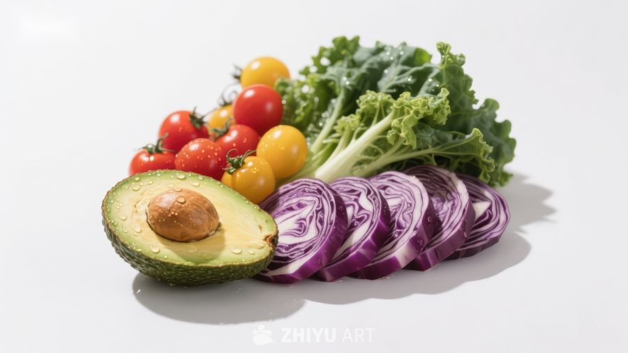 新鲜蔬菜组合：牛油果、紫甘蓝、樱桃番茄和羽衣甘蓝