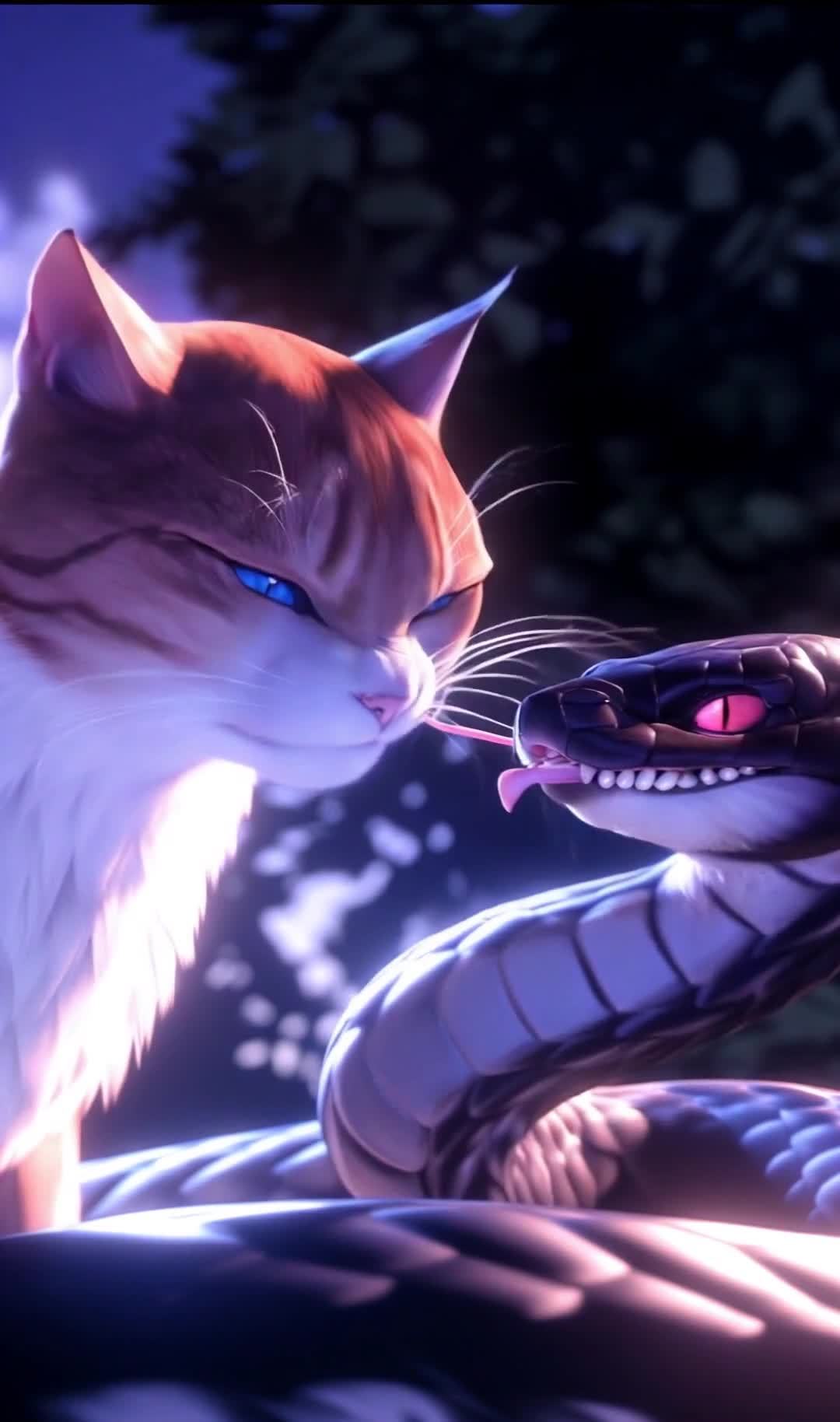 猫蛇对峙：愤怒的猫与张嘴吐信的蛇
