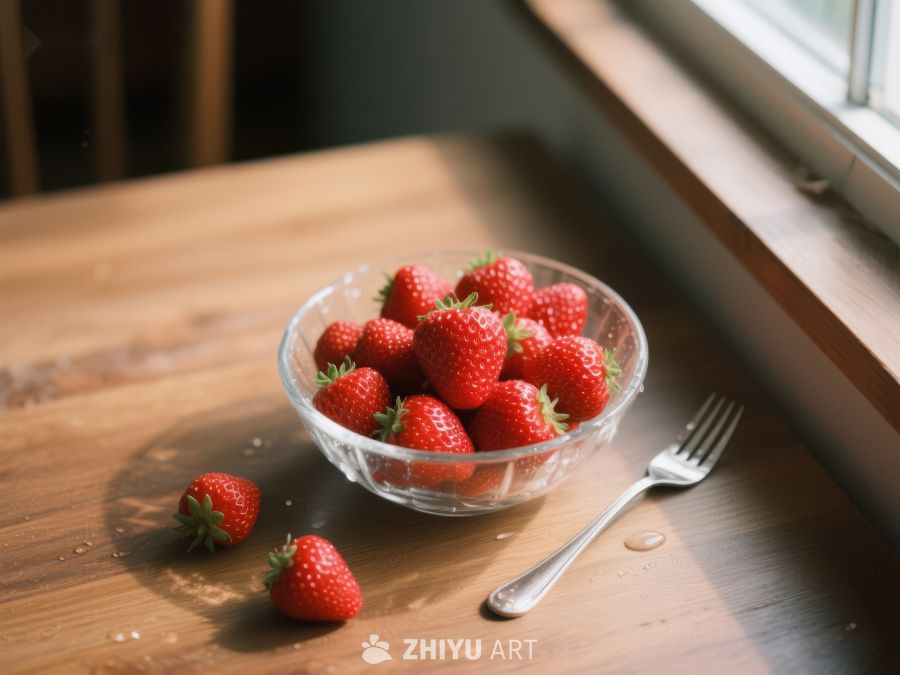 窗边木桌上的一碗新鲜草莓 86