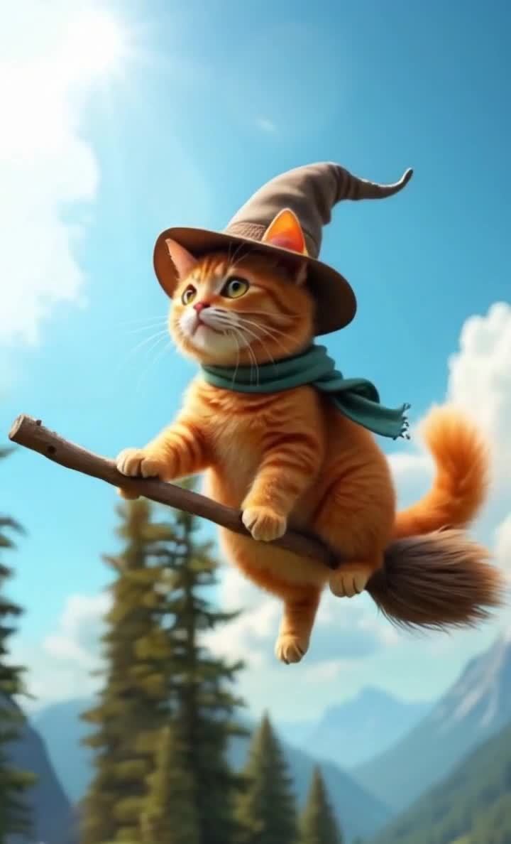 戴巫师帽的橙色猫咪骑扫帚飞翔于蓝天白云之间