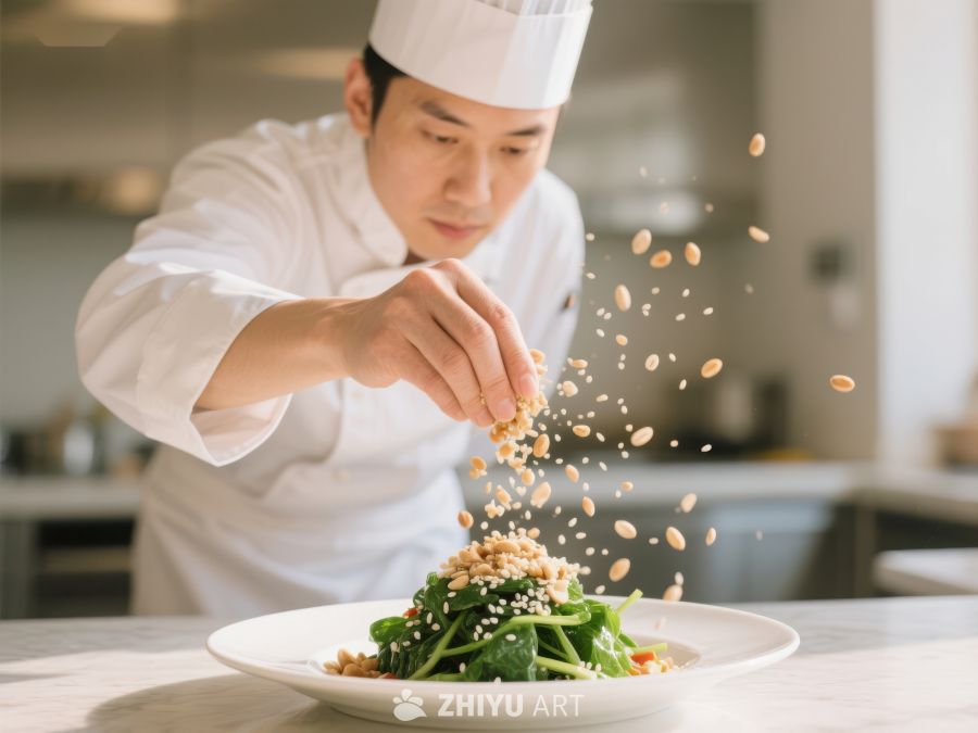厨师精心撒料装饰美食 86