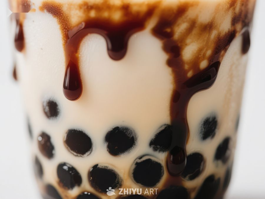 珍珠奶茶特写，巧克力酱点缀