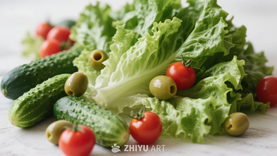 新鲜蔬菜组合：生菜、黄瓜、樱桃番茄和橄榄