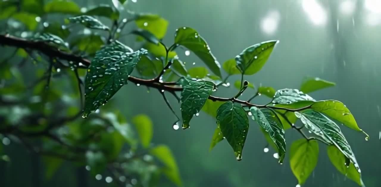雨中绿叶，晶莹水珠，枝干细节特写，唯美意境。