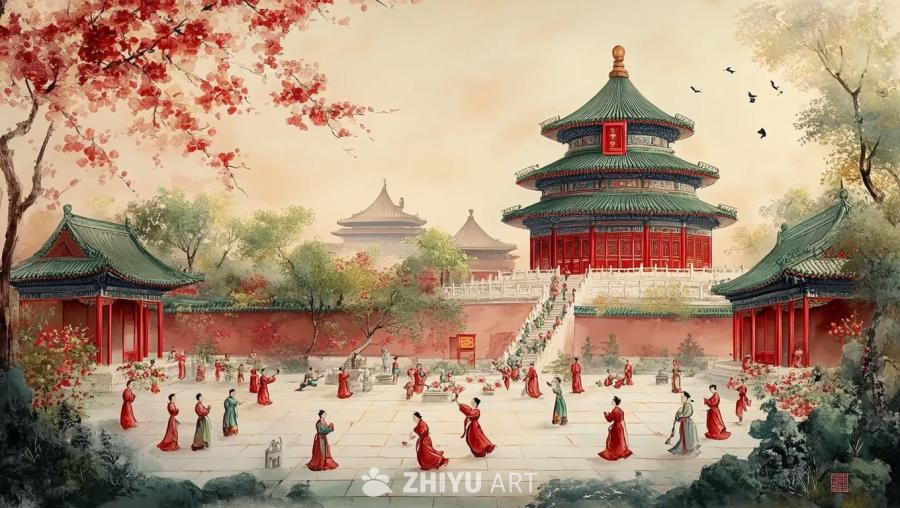 一幅东方工笔画，描绘了北京东城区，突出了天坛和故宫