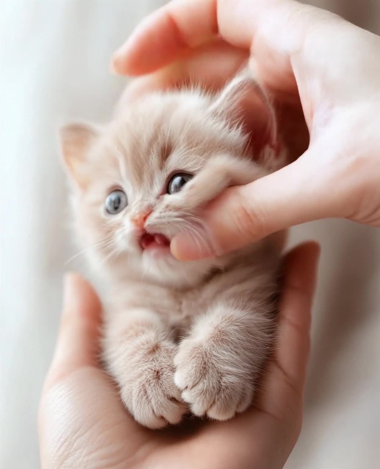 掌中淡黄色大眼萌猫被轻抚
