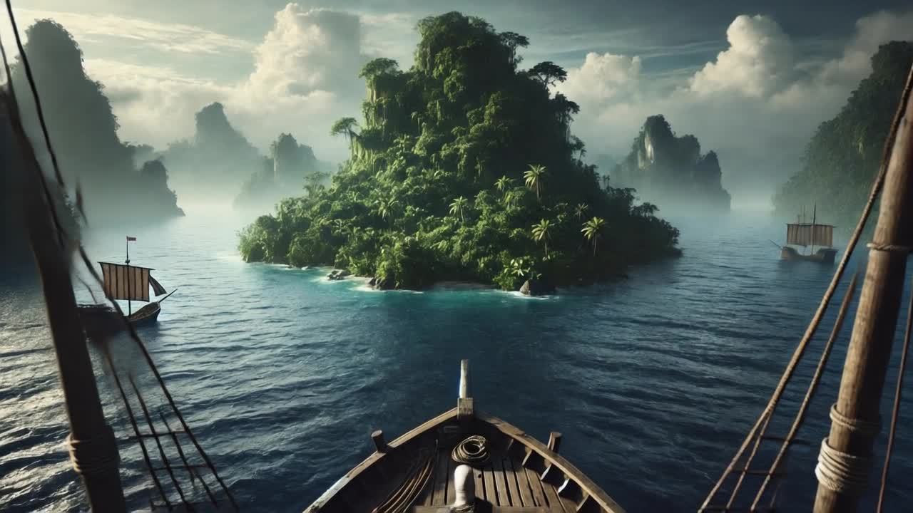一艘小船在广阔而神秘的海洋上航行。当船靠近一个未知
