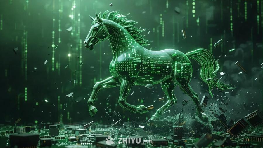 一匹由绿色故障数据构成的微型木马正在奔腾，它脚下是