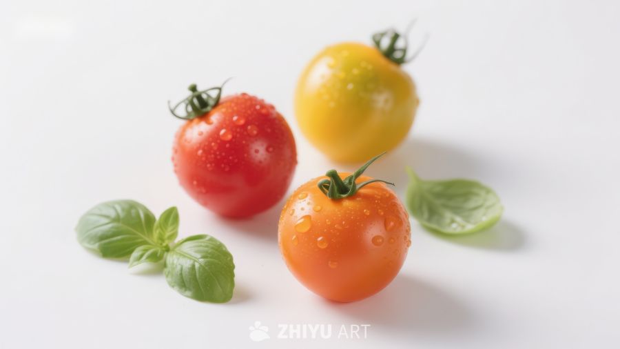 三颗彩椒番茄与罗勒叶