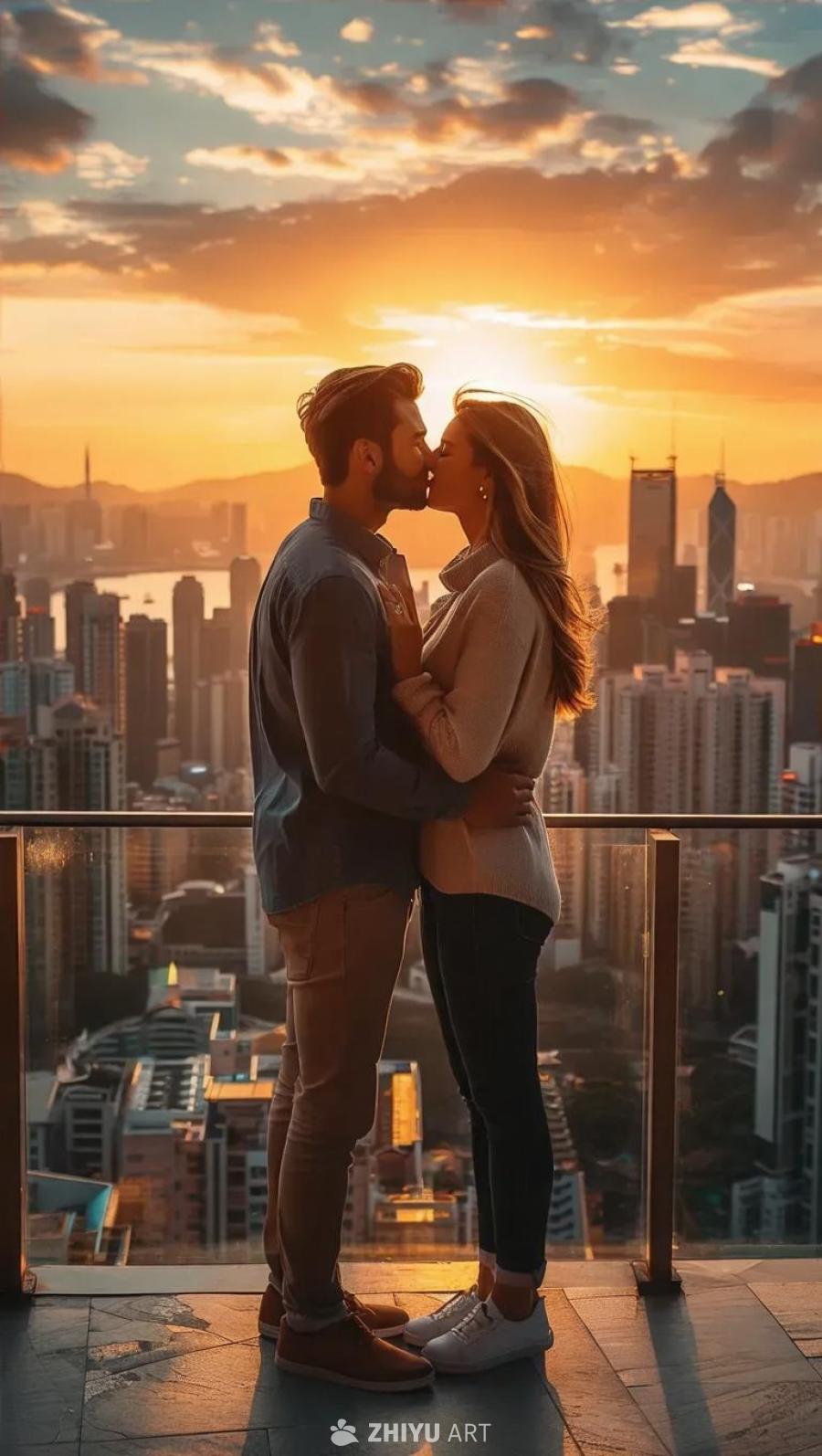 一对男女站在一起，背景是日落时分的城市景观。男人穿