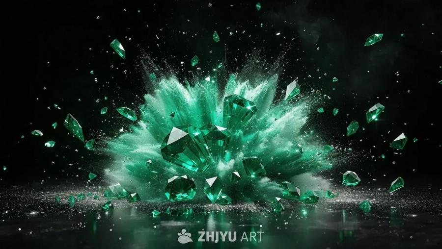 从黑屏开始，中心突然爆发出祖母绿的爆炸，祖母绿碎片