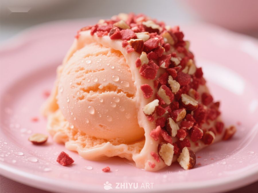 粉色冰淇淋配碎坚果