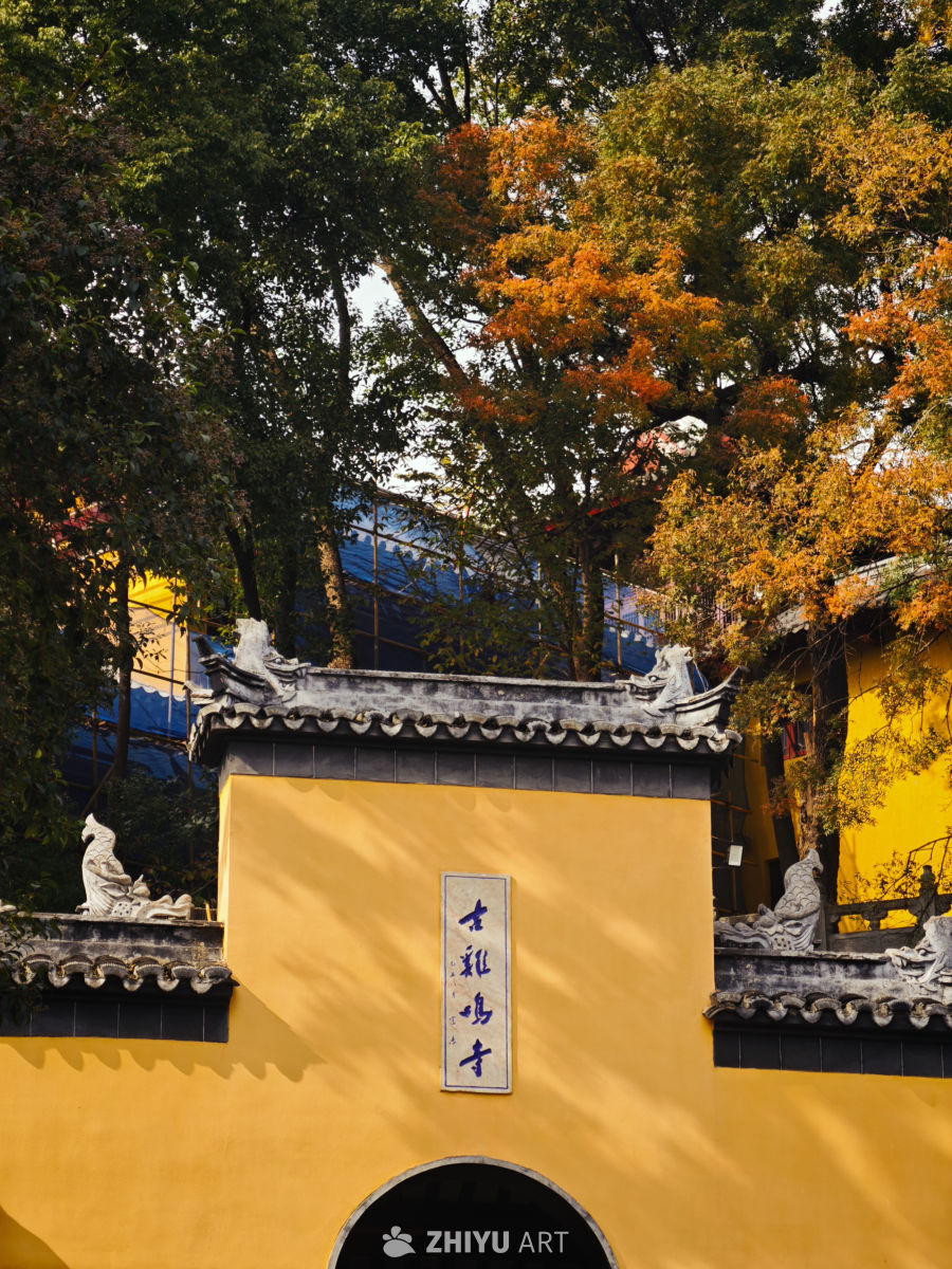 古寺秋景：黄墙红叶映古韵