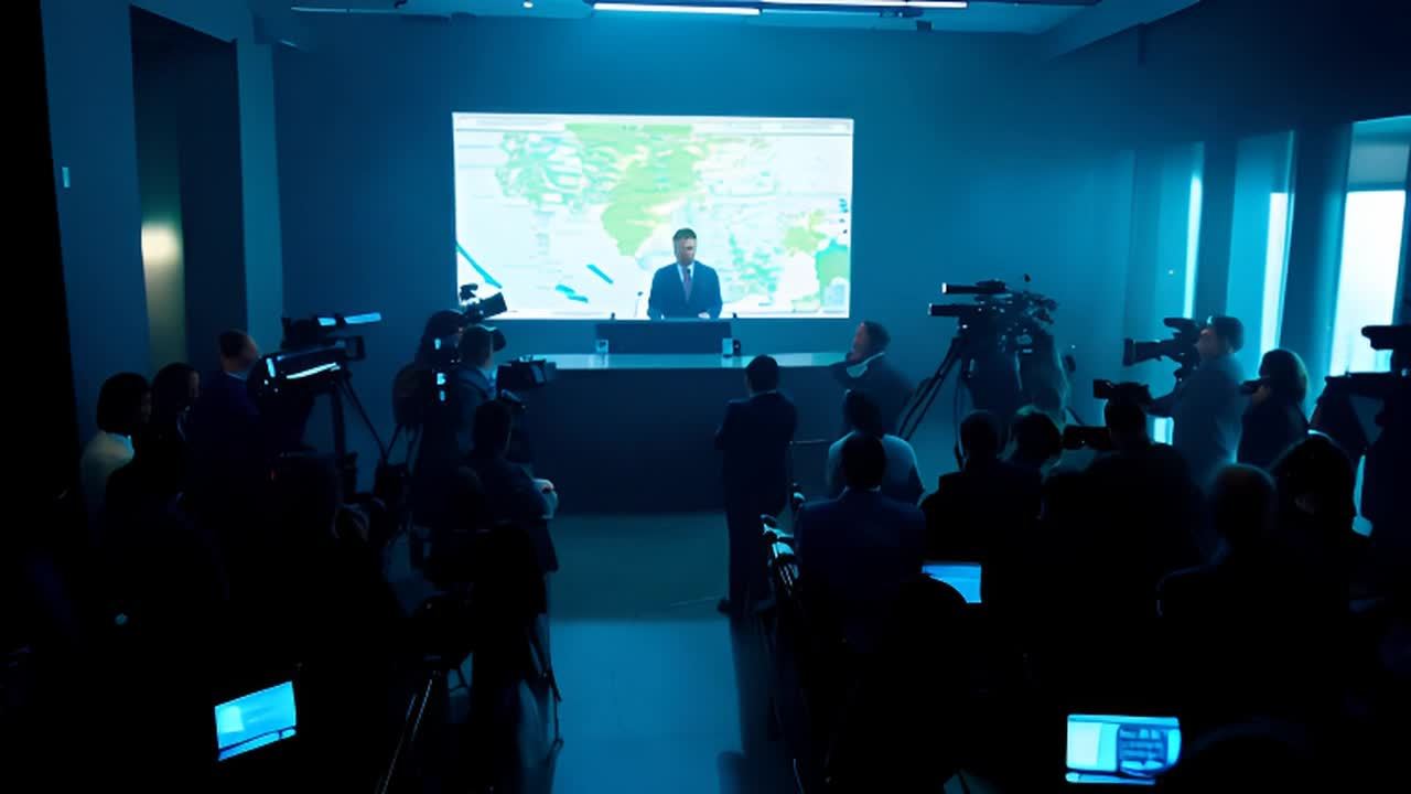 一个新闻发布厅内挤满了记者和摄像机。一名身穿西装的