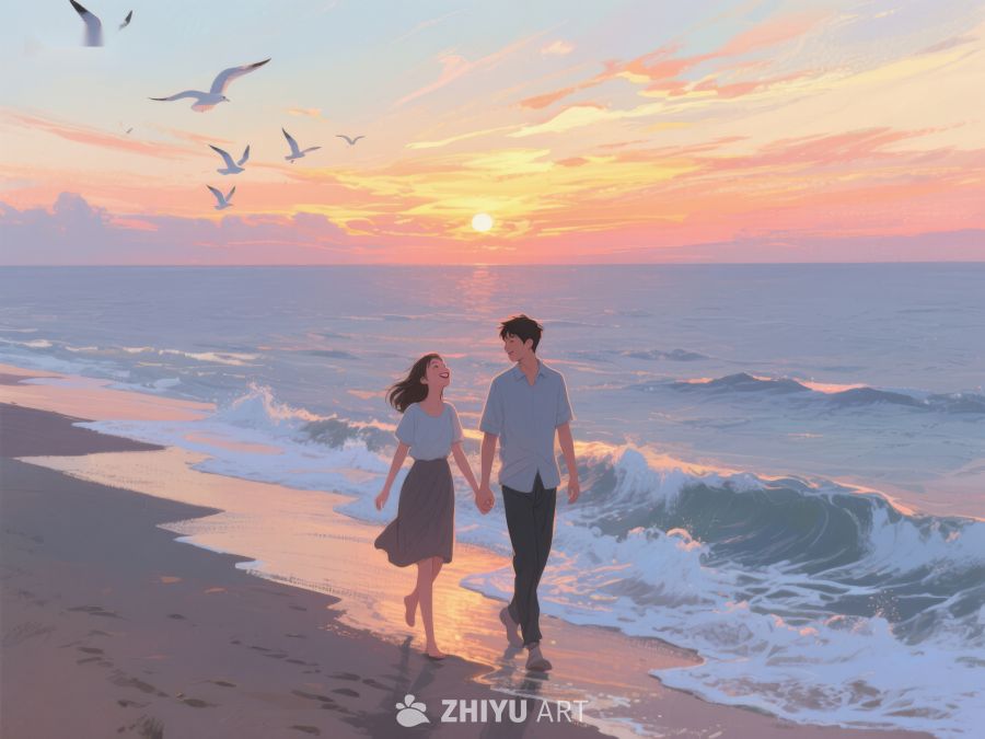 海滩日落下的情侣漫步 262