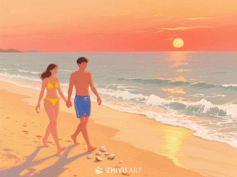 海滩漫步的情侣 285