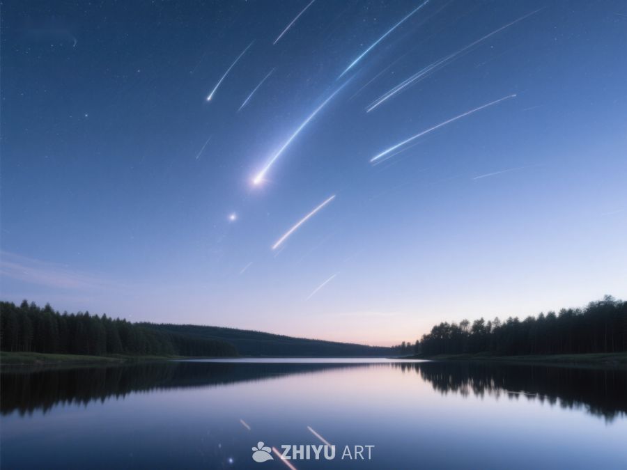 夜空流星划过平静湖面 265