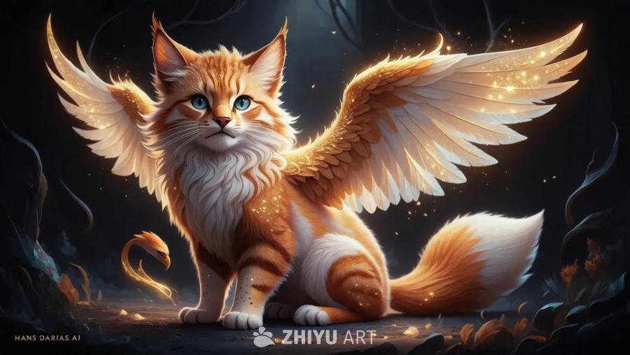 一只拥有尖耳朵和发光尾巴的橘白色相间的小猫坐在黑暗