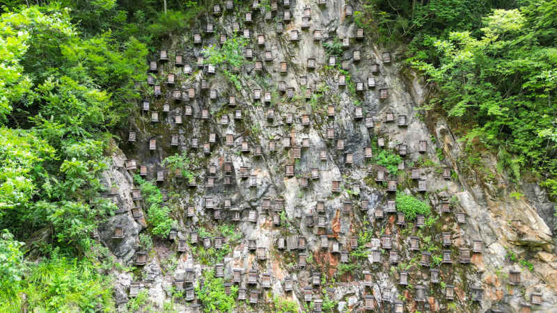 航拍湖北神农架官门山景区悬崖蜂箱