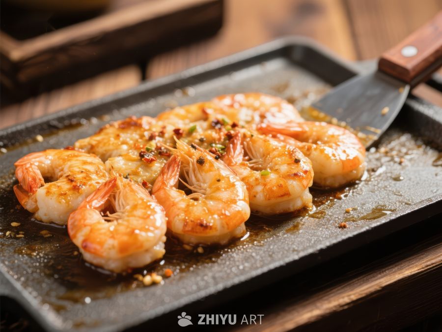 铁板烤虾，香料点缀