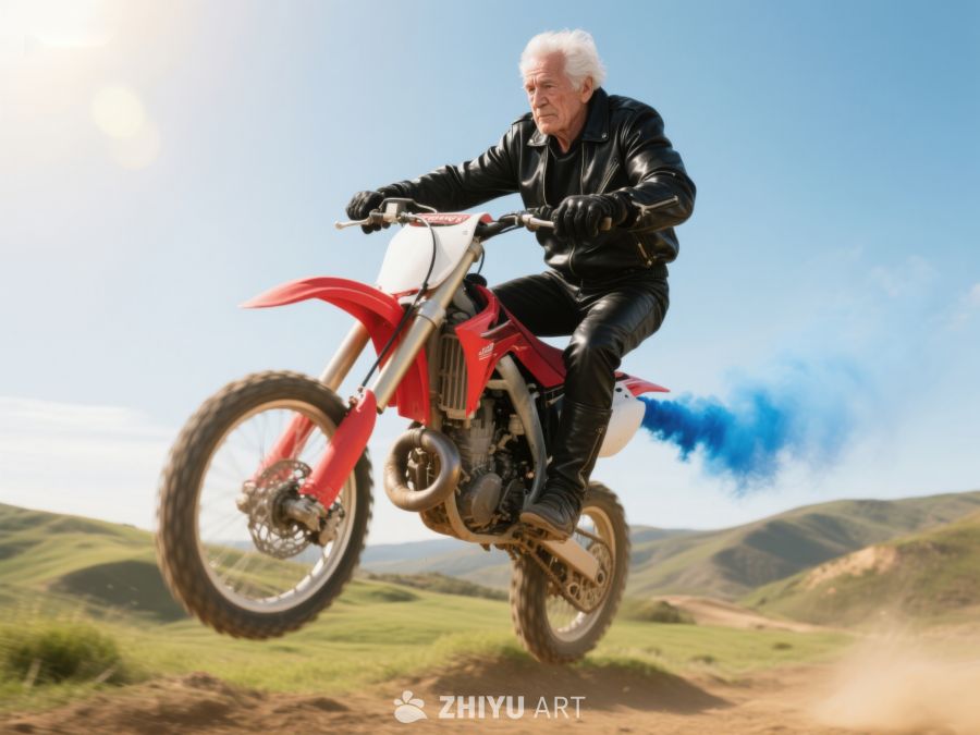 老人驾驶摩托车飞跃山丘 415