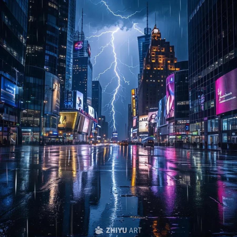 下着倾盆大雨的繁华都市，高耸的摩天大楼被闪电照亮，