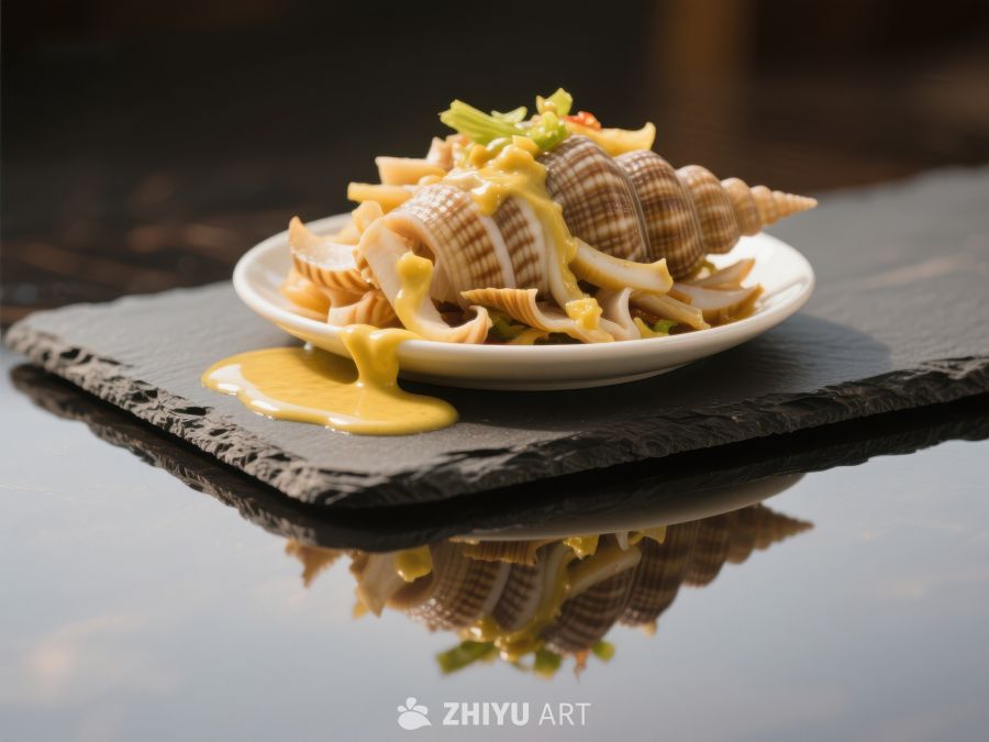 精致海螺菜肴，搭配黄色酱汁 472