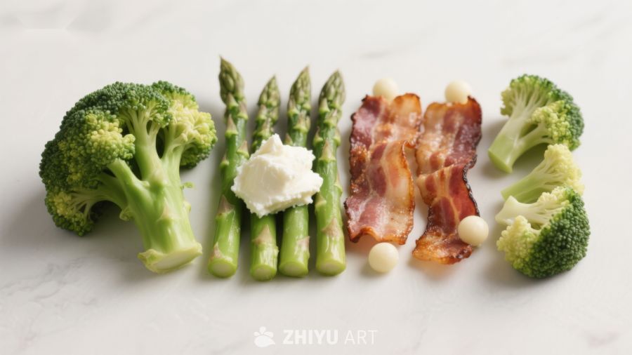 新鲜蔬菜与培根食材排列