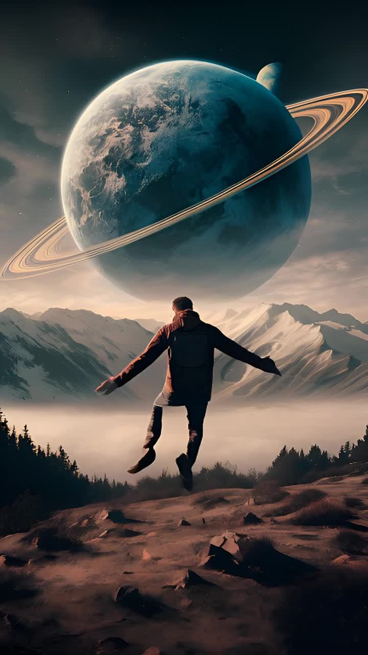 一个人站在山丘上，他面前是一个巨大的土星，土星缓缓