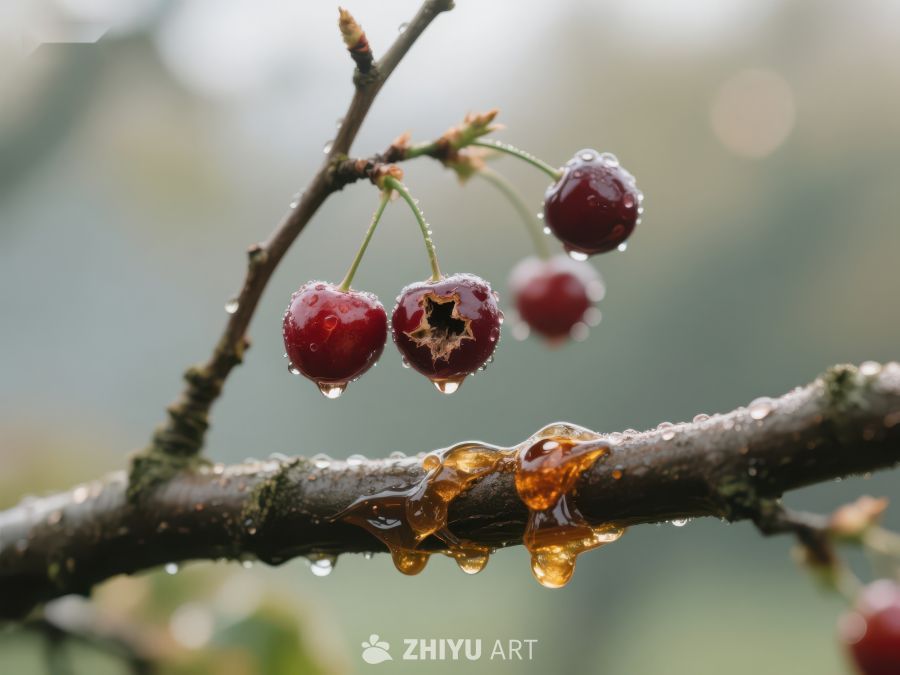 枝头樱桃与树胶滴落 789