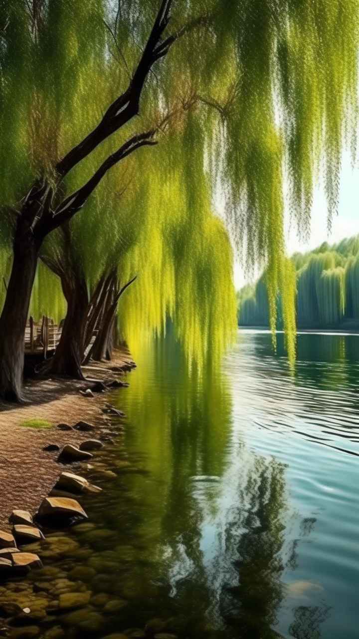 河边柳树插画风景图 29
