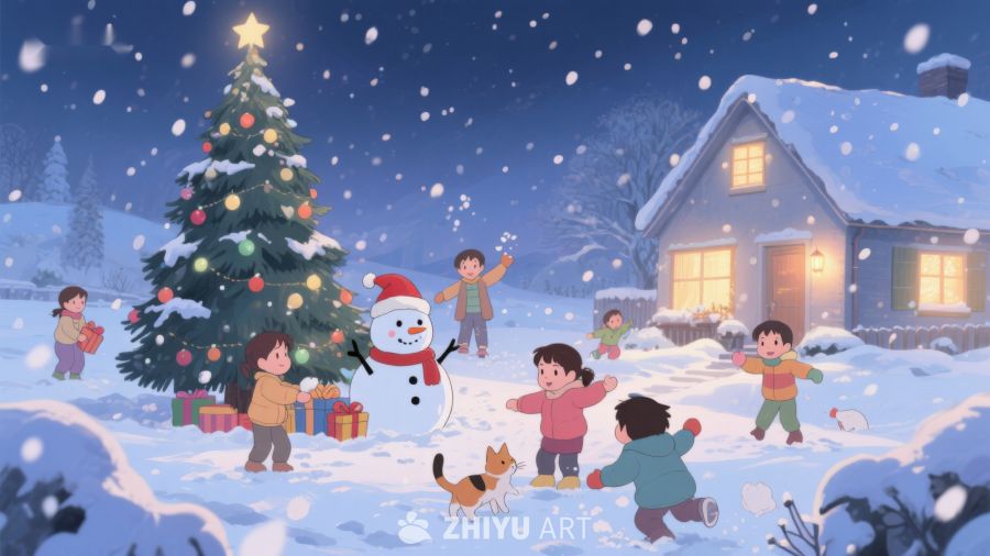 雪夜欢庆圣诞，孩子们与雪人共度时光 381