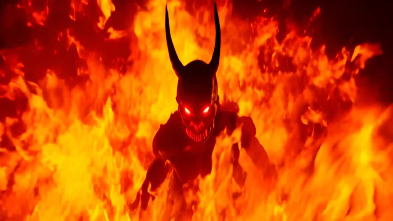 火焰包围着一个有角的恶魔，它的眼睛发出红光。镜头移