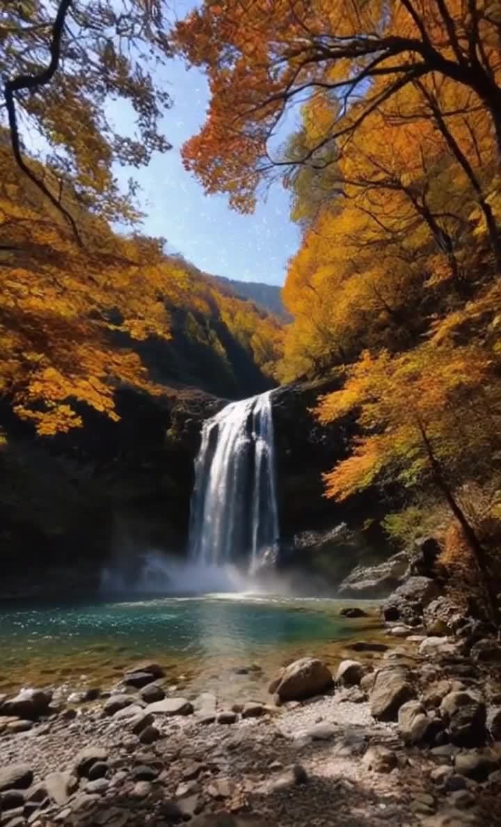 秋日瀑布飞流，金黄树叶环绕清澈水面。