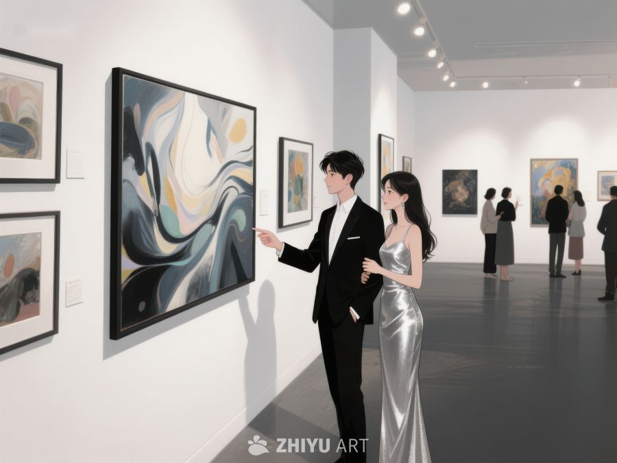 艺术画廊中观赏抽象画作的男女 1089