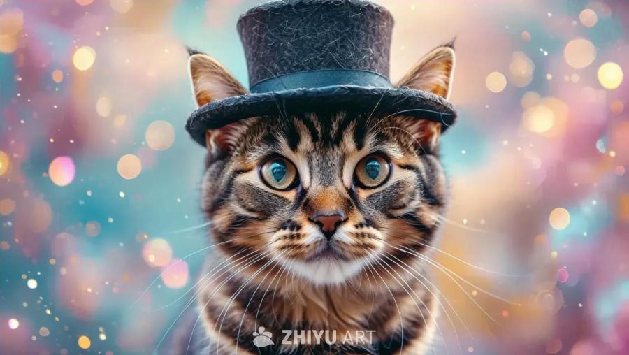 一只戴着高顶礼帽的虎斑猫，它的眼睛是蓝色的，背景是